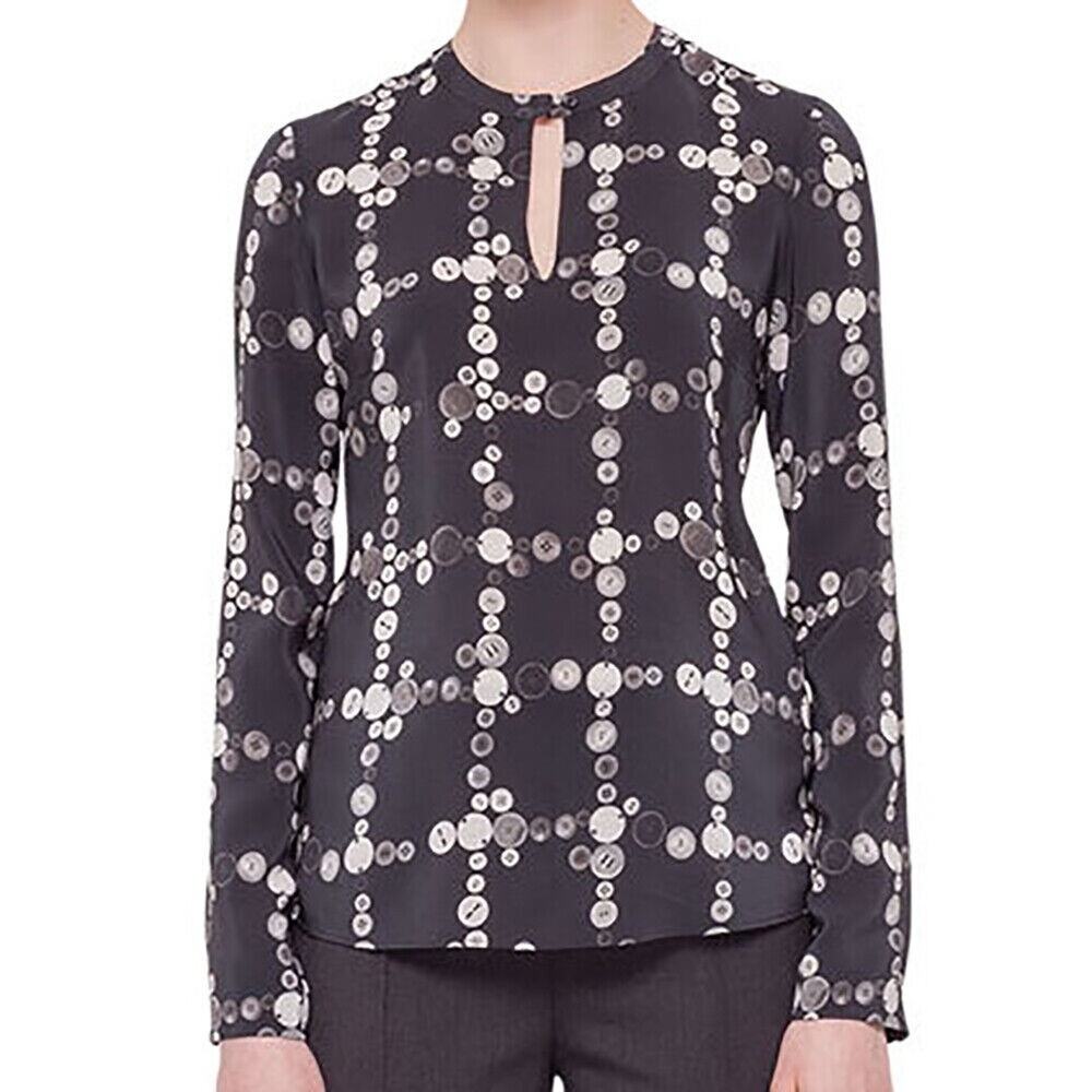 Akris Punto 100% Silk‎ black button Long Sleeve Printed Blouse Size 10 medium